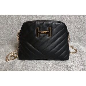 Halston‎ Black Quilted Front Dome Crossbody Gold Chain Strap & Zipper